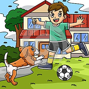 Boy and a Dog Playing Soccer Colored Cartoon