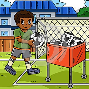 Boy and a Dog Playing Soccer Colored Cartoon