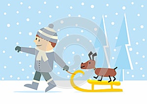 Boy with dog on sleigh, vector illustration, snowy landscape, eps.
