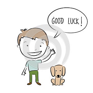 Chlapec a pes čekání a říci dobrý štěstí sbohem ručně malovaná vektor 