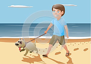Boy and dog walking on