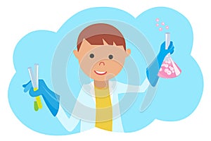 Boy doing chemical experiment. Young scientist. Vector illustration on white