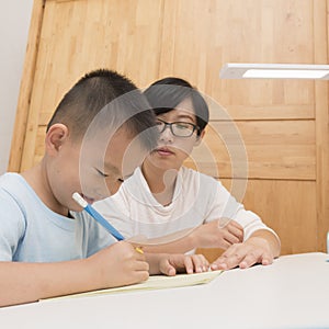 Boy doing homework with tutorship