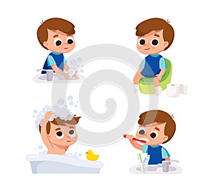 Boy doing daily hygiene routines. Boy washing his head with shampoo. Boy washing his hands with soap