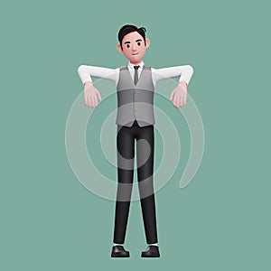 boy doing marionette pose wearing office vest