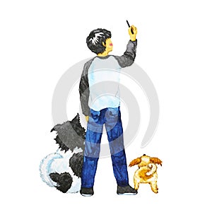 Boy drawing in the air with his dogs, watercolor painting design