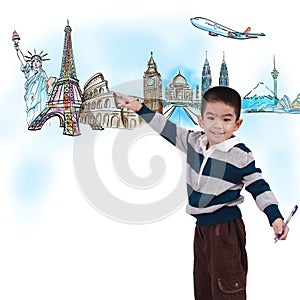 Boy drawing the travel around the world