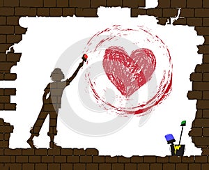 Boy draws a red heart by paint on the old broken brick wall, life after war, new life after disaster idea, protect