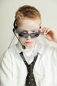 Boy Dressed as Slick Businessman with Head Set