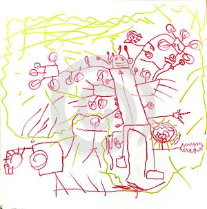 Boy drew robot. children's drawing alien