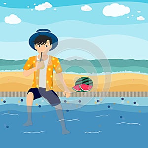 Boy drinking juice in swimming pool. Relax enjoy summer and have watermelon fruit.
