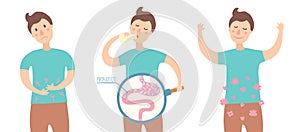 Boy drinking yogurt with probiotics bacteria in the gut. Probiotic through magnifying glass in flat style photo