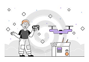 Boy with drone launch vector simple