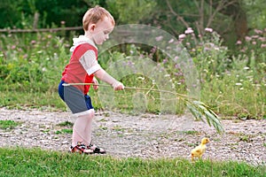 Boy and duckling on the village road.