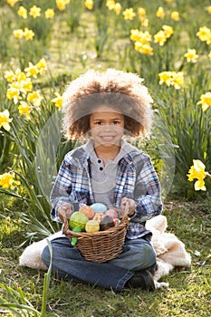 Boy On Easter Egg Hunt In Daffodil Field