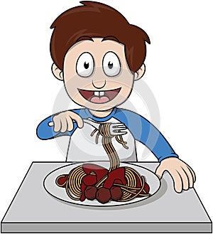 Boy Eat Spaghetti Cartoon Color Illustration