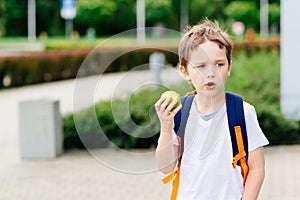 Boy eating apple at road to school.