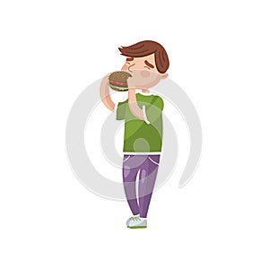 Boy eating burger cartoon vector Illustration