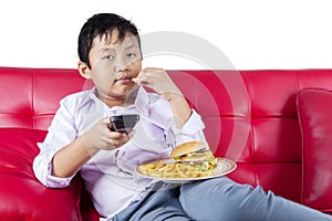 Boy eating burger and french fries on sofa