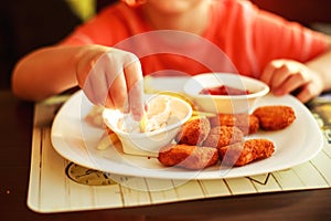 Boy eating fast food in a cafe.