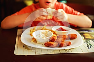 Boy eating fast food. the child eating french fries with nuggets