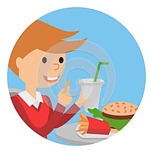 Boy eating fast food. Vector illustration of a child with fries.