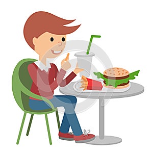 Boy eating fast food. Vector illustration of a child with fries.