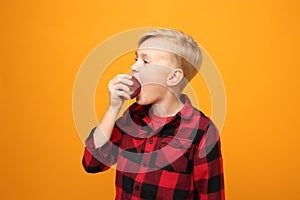 Boy is eating fruit, healthy child diet.