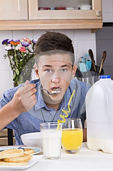 Boy eating healthy breakfast at home