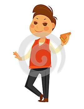 Boy eating school lunch sandwich vector flat isolated icon