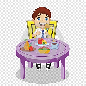 Boy Eating. Smiling Cartoon Schoolboy Eat Meal