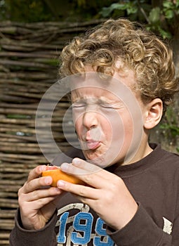 Boy eating Sour Fruit photo