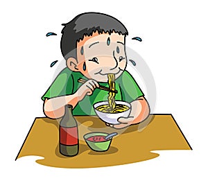 Boy Eating Spicy Noodle Color Illustration Design