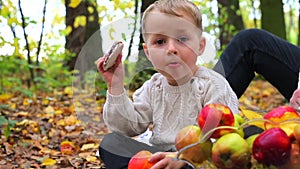 Boy eats gingerbread and red apple in the autumn forest.