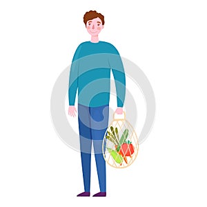 Boy with eco vegetables bag icon, cartoon and flat style