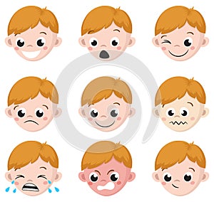 Boy Emotion Faces Cartoon. Isolated set of male avatar expressions