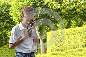 The boy emotionally speaks in the park by phone