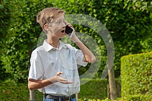 The boy emotionally speaks in the park by phone