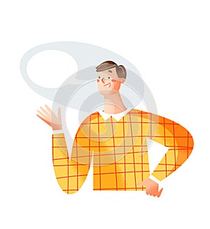 Boy with empty speech bubble vector illustration. Cartoon man character talking and smiling, one person with message