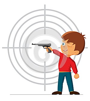 Boy is engaged in a sports pistol shooting