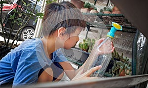 Boy engages in garden maintenance, watering a cactus plant