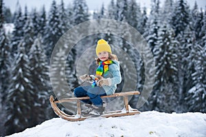 Boy enjoy a sleigh ride. Child sledding, riding a sledge. Children play in snow in winter. Outdoor kids fun for