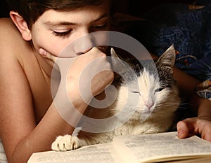 Boy evening read book with cat