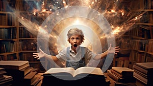 Boy excited with an opened magical book with wave of astral magical elements flowing out. Generative AI weber.