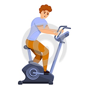 Boy exercise bike icon, cartoon style