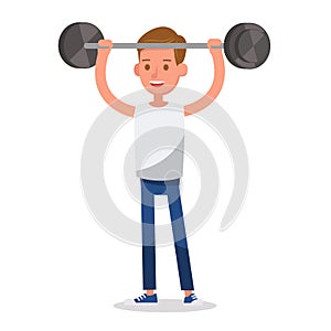 Boy exercise and lifting heavy barbell character vector design