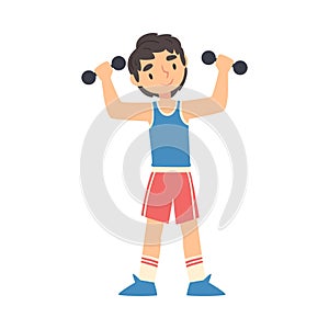 Boy Exercising with Dumbbells, Kid Doing Sports, Healthy Lifestyle Concept Cartoon Style Vector Illustration