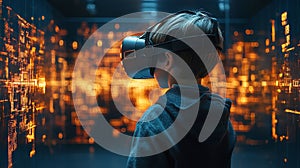 Boy experiencing virtual reality using vr technology