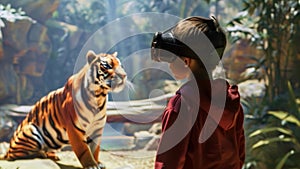 Boy experiencing virtual reality zoo contemplating a tiger