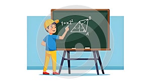 Schoolboy Solving Math Problem on Chalkboard Education